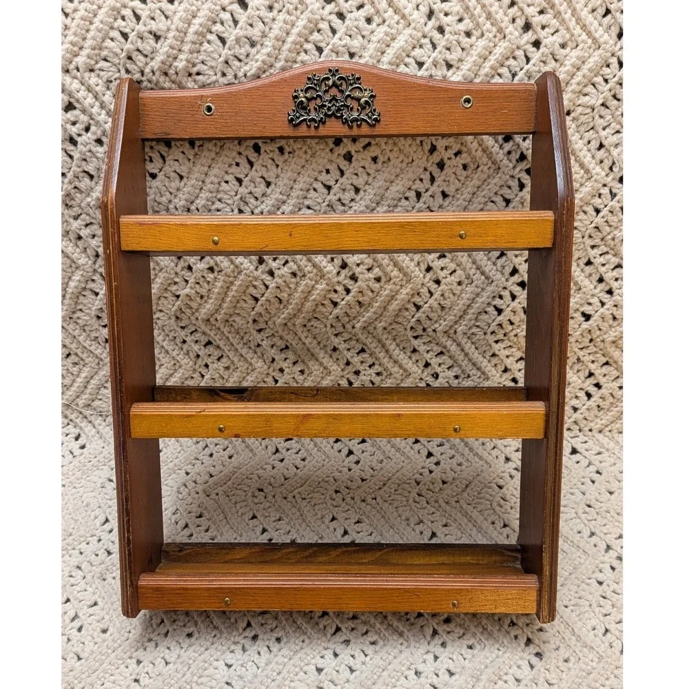 Vintage Wood Spice Rack Wall Mount 3 Tier Kitchen Organizer Brown 15x13